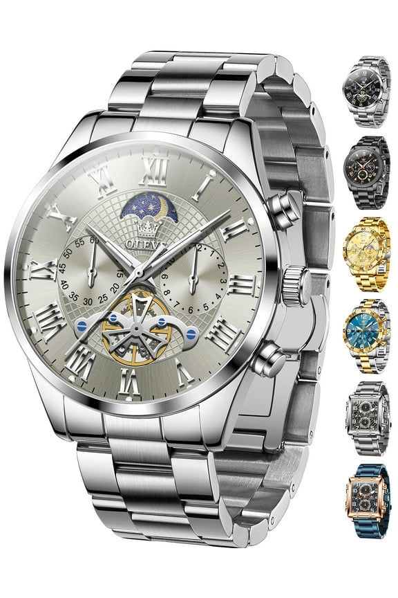 Chronograph Watches for Men Waterproof Business Dress Analog Quartz Luxury Moon Phase Stainless Steel Roman Numeral Luminous Casual Mens Wrist Watches Reloj Para Hombre