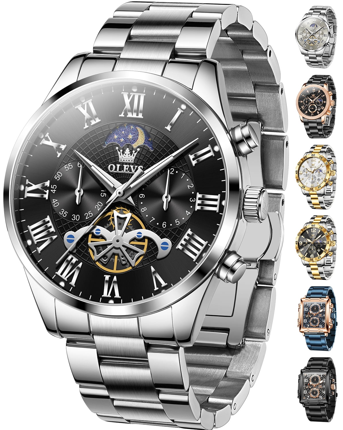 OLEVS Chronograph Watches for Men Waterproof Business Dress Analog Quartz Luxury Moon Phase Stainless Steel Roman Numeral Luminous Casual Mens Wrist Watches Reloj Para Hombre