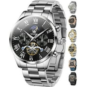 OLEVS Chronograph Watches for Men Waterproof Business Dress Analog Quartz Luxury Moon Phase Stainless Steel Roman Numeral Luminous Casual Mens Wrist Watches Reloj Para Hombre