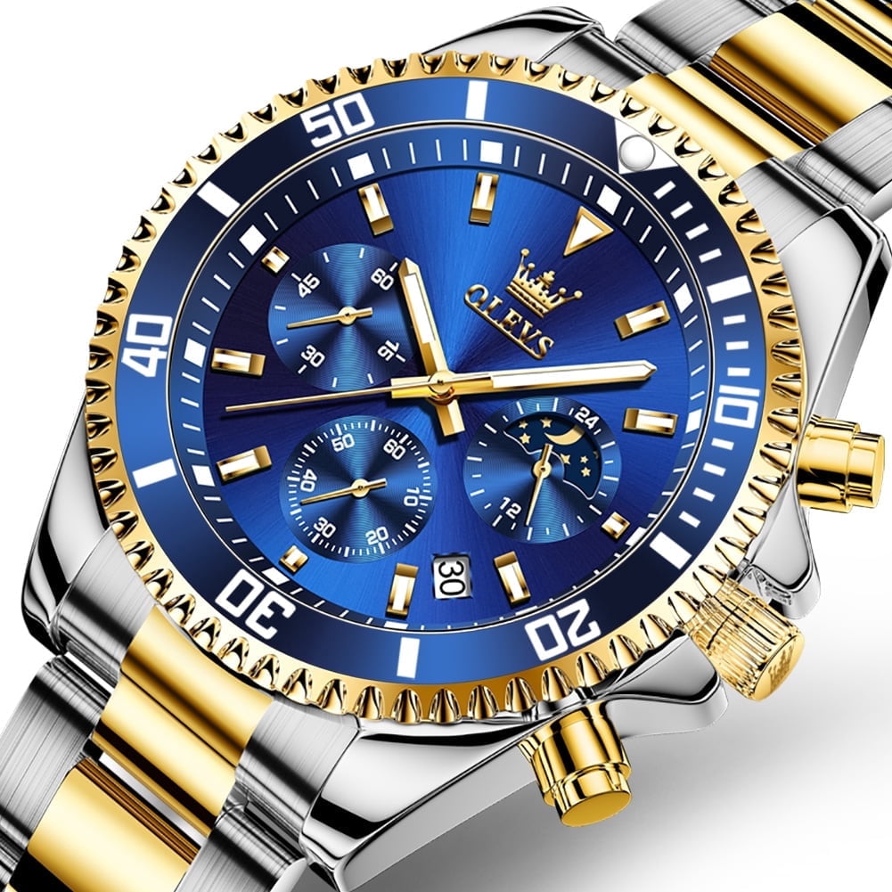 OLEVS Watches for Men Luxury Analog Quartz Chronograph Business Dress Gold Plated Stainless Steel Moon Phase Waterproof Luminous Date Casual Mens Wrist Watches Reloj Para Hombre