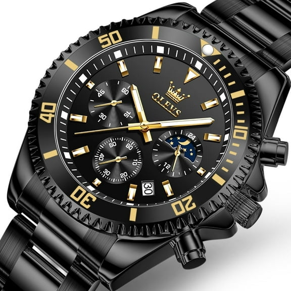 OLEVS Watches for Men Luxury Analog Quartz Chronograph Business Dress Gold Plated Stainless Steel Moon Phase Waterproof Luminous Date Casual Mens Wrist Watches Reloj Para Hombre