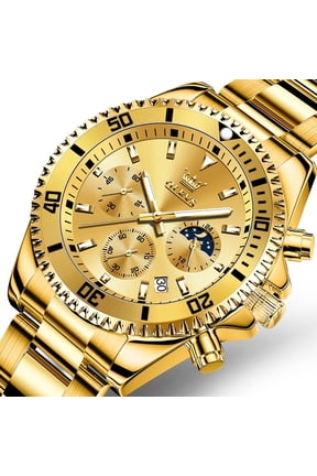 Watches for Men Luxury Analog Quartz Chronograph Business Dress Gold Plated Stainless Steel Moon Phase Waterproof Luminous Date Casual Mens Wrist Watches Reloj Para Hombre