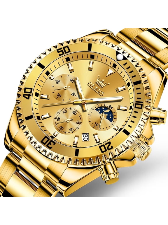 Watches for Men Luxury Analog Quartz Chronograph Business Dress Gold Plated Stainless Steel Moon Phase Waterproof Luminous Date Casual Mens Wrist Watches Reloj Para Hombre