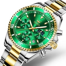 OLEVS Chronograph Watches for Men Green Dial 42.5mm Outdoor Watch Green Dial Gold Silver Tone Stainless Steel Waterproof Mens Watch 2870