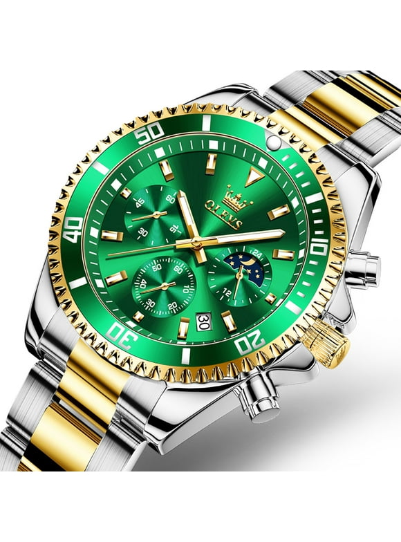 OLEVS Chronograph Watches for Men Green Dial 42.5mm Outdoor Watch Green Dial Gold Silver Tone Stainless Steel Waterproof Mens Watch 2870