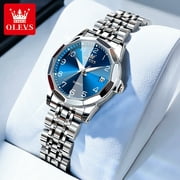 OLEVS Classic Blue Dial Watches For Women Elegant Sliver Stainless Steel Womens Watches Day Date Watches For Ladies Fashion Women Waterproof Watches Analog Quartz Watches Luminous Wrist Watches