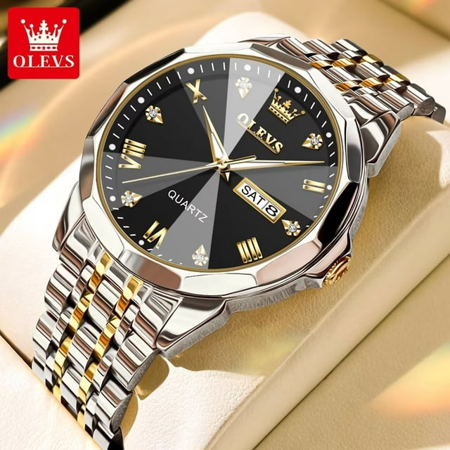 OLEVS Classic Gold Sliver Stainless Steel Watches For Men Big Black ...