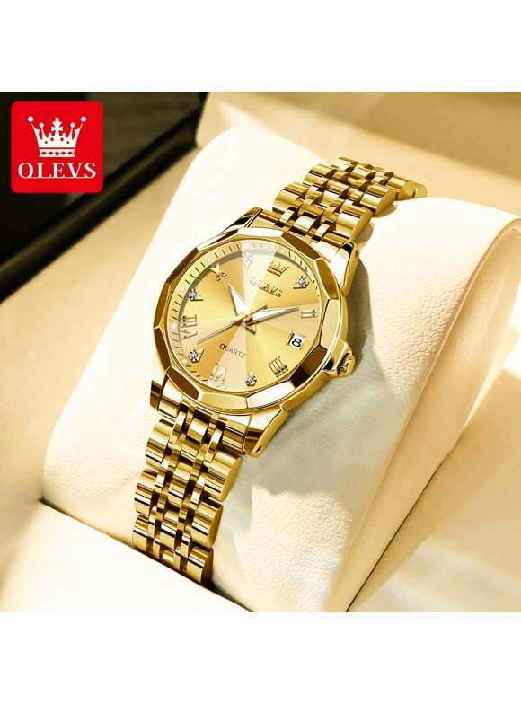 OLEVS Classic Gold Watches For Women Fashion Gold Stainless Steel Strap Womens Watches Elegant Gold Face Watches For Ladies Day Date Ladies Watches Fashion Women Waterproof Watches Roman Numeral Watch