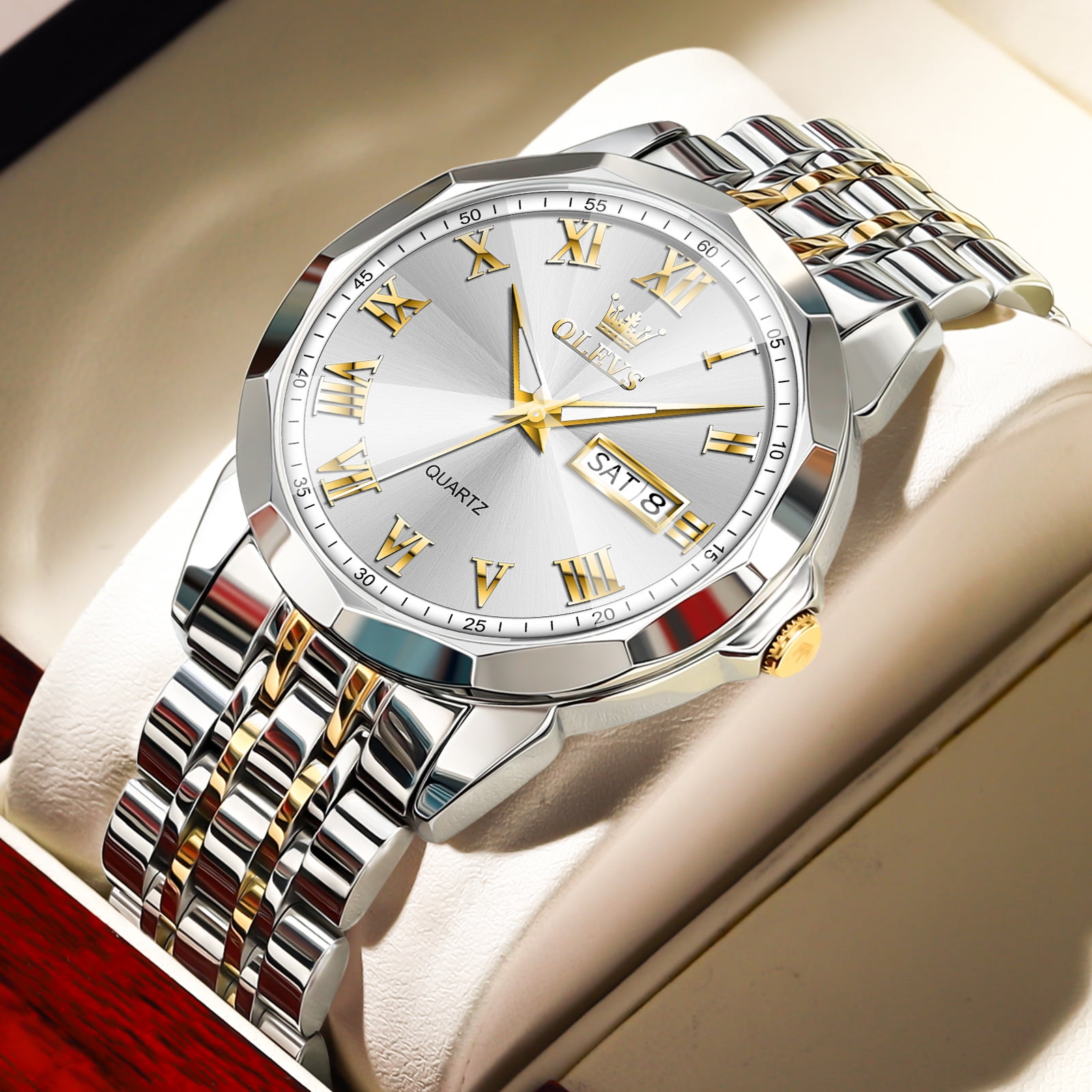OLEVS Classic Watch For Men Gold Silver Stainless Steel Strap Mens Watch White Dial Watch With Date Analog Quartz Big Mens Wrist Watches With Roman