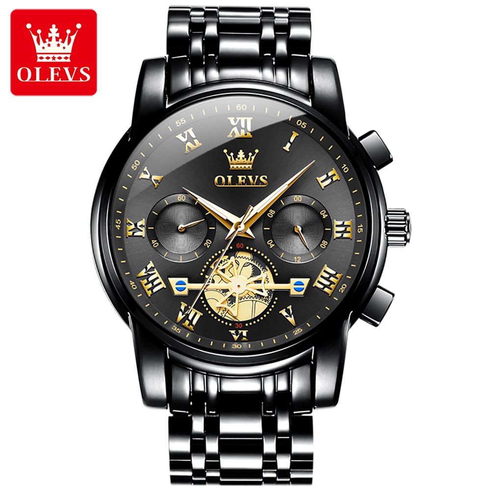 OLEVS Classic Wristwatch Men Business Watches Dress Watch with Day Black Face Flywheel Multifunction Luminous Men Stainless Steel Wristwatch Male