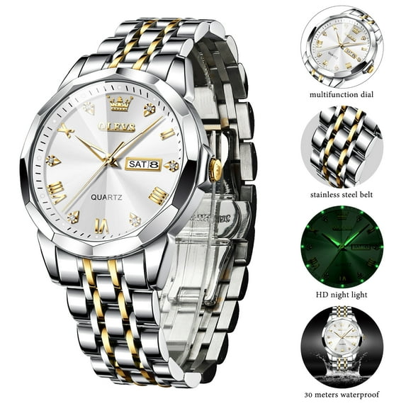OLEVS Watches for Men Business Dress Analog Quartz Two Tone Gold Plated Stainless Steel Classic Waterproof Luminous Date Casual Mens Wrist Watches Reloj Para Hombre
