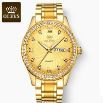 OLEVS Diamond Watches for Men,Business Dress Watch Waterproof Luminous,Male Golden Big Dial Luxury Casual Quartz Analog Watches with Day Date Calendar and Stainless Steel Band