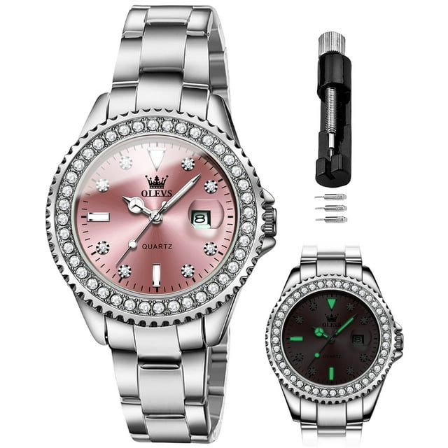 OLEVS Diamond Watches for Women with Date Fashion Silver Elegant Dress