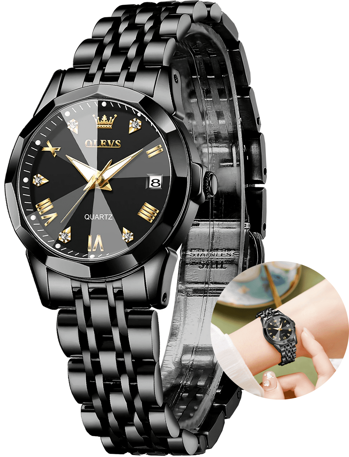 Women's watch with black metal band sale
