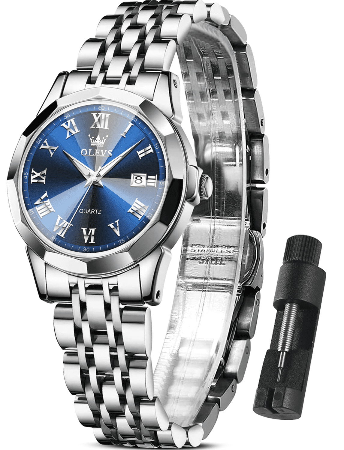 OLEVS Fashion Blue Face Watches For Women Elegant Sliver Stainless Steel Strap Womens Watches Day Date Watches For Ladies Waterproof Ladies Watches Analog Quartz Watches Womens Roman Numerals Watches ...