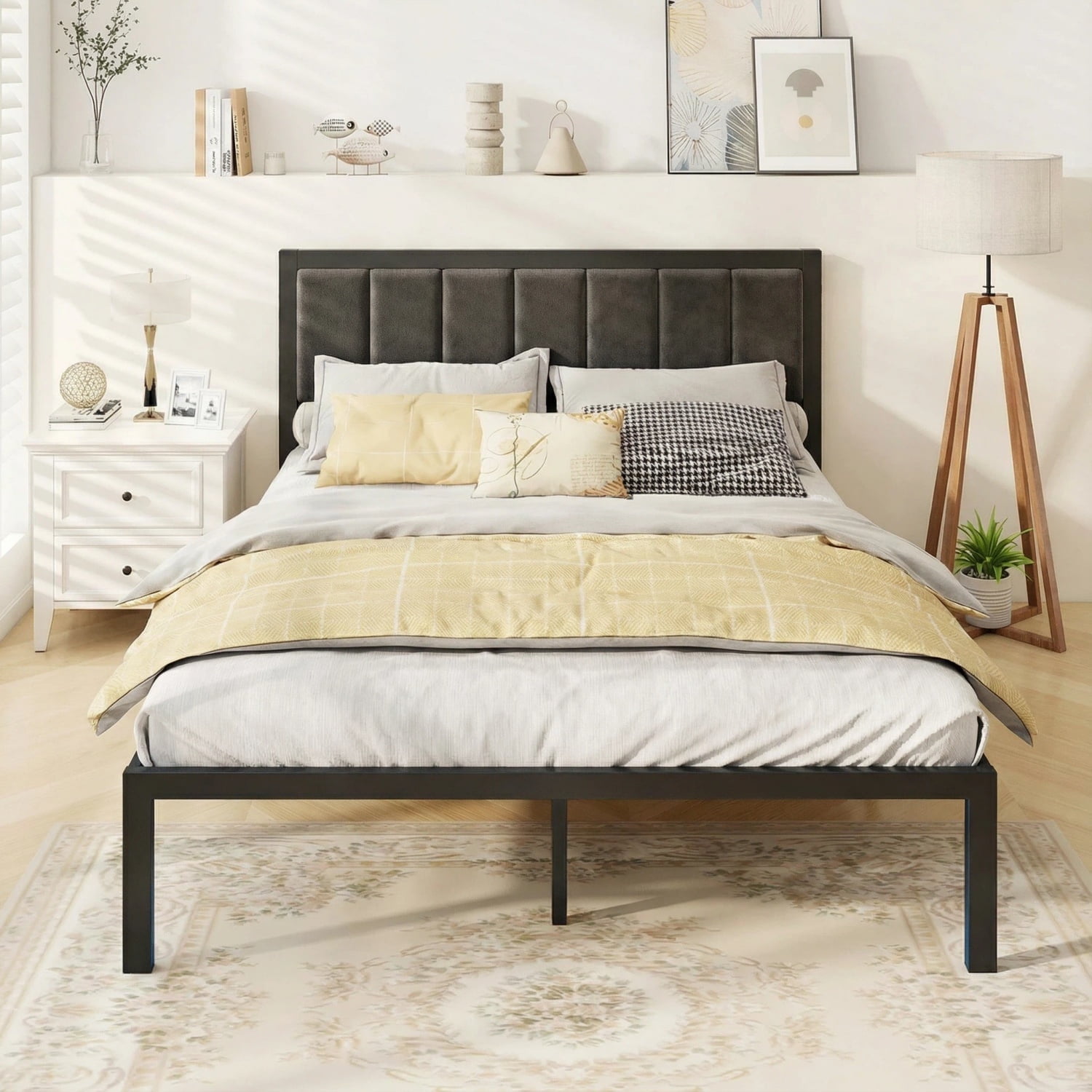 OLEVS Full Size Bed Frame with Upholstered Headboard, LED Lights, USB Ports, Power Outlet, No Box Spring Needed