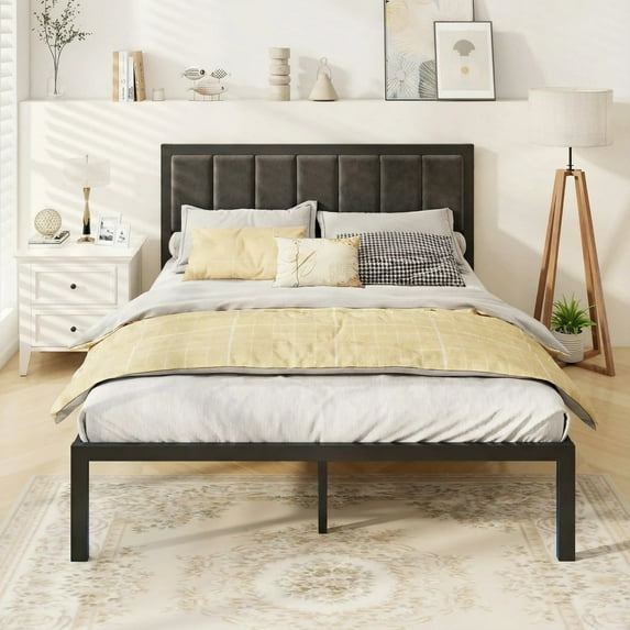 Dayago Full Size Bed Frame with Upholstered Headboard, Adjustable LED Lights and Power Outlet, No Box Spring Required