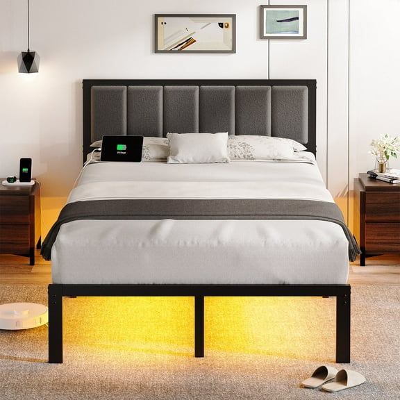 OLEVS Full Size Bed Frame with Upholstered Headboard, Adjustable LED Lights and Power Outlet, No Box Spring Required