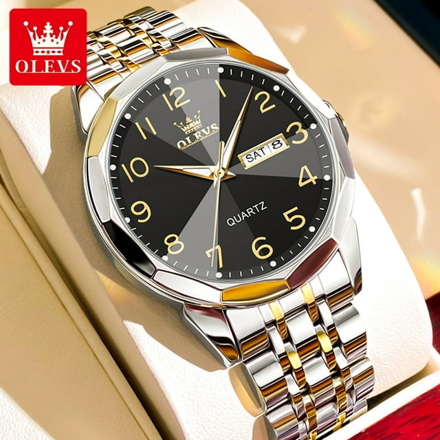 OLEVS Gold Silver Watch For Men Two Tone Analog Quartz Stainless Steel Watch Men Big Black Dial