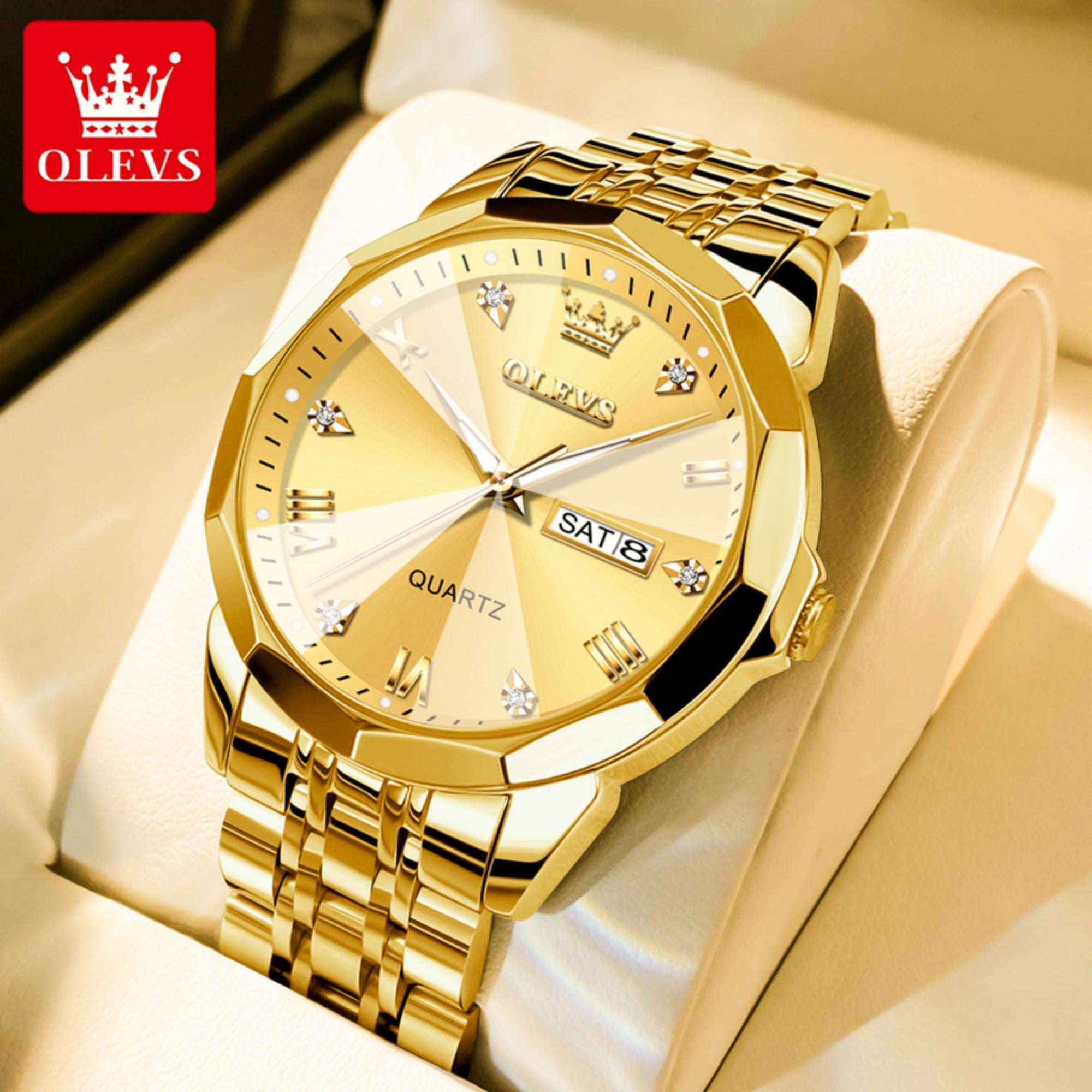 OLEVS Gold Watch for Men Diamond Luxury Casual Dress Stainless Steel ...