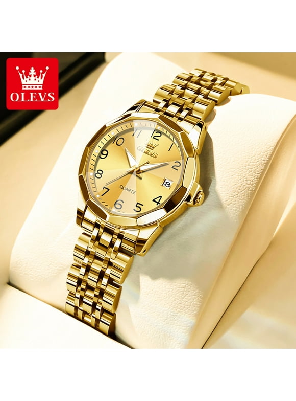 OLEVS Gold Womens Watches Small Gold Dial Watches For Women Gold Stainless Steel Band Ladies Watches Day Date Watches For Ladies Waterproof Watches Women Analog Quartz Watches Relojes Para Mujer