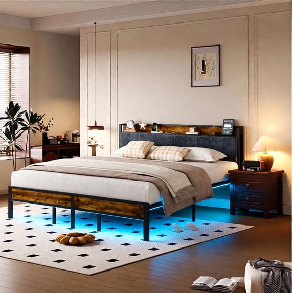 Dayago King Size Platform Bed Frame with Headboard, USB Charging Station and LED Light, Under Bed Storage, No Box Spring Needed, Noise-Free