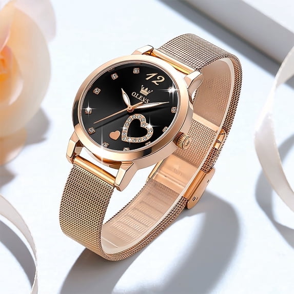 OLEVS Ladies Watches Rose Gold-Plated Mesh Strap Fashion Dress Japanese Quartz Waterproof Luminous Female Watches for Women Black Dial