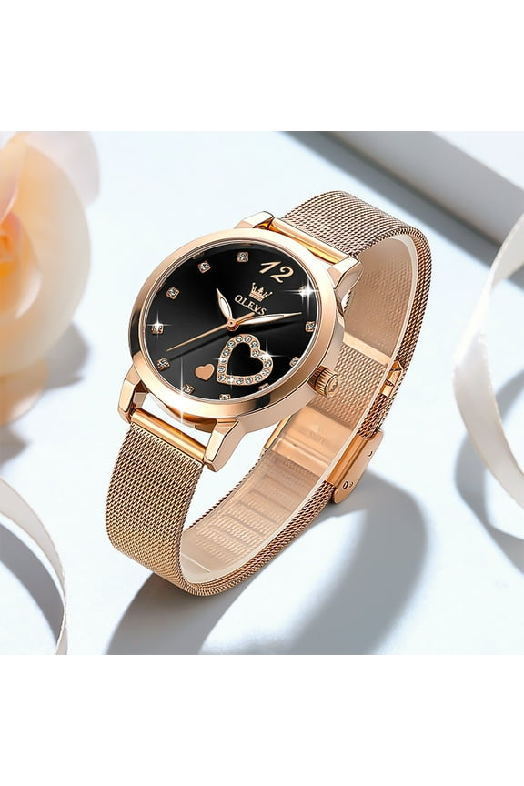 Ladies Watches Rose Gold Mesh Strap Fashion Dress Japanese Quartz Waterproof Luminous Female Watches for Women Black Dial