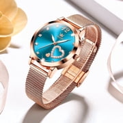 OLEVS Ladies Watches Rose Golden-Plated Mesh Strap Fashion Dress Japanese Quartz Waterproof Luminous Female Watches for Women Blue Dial