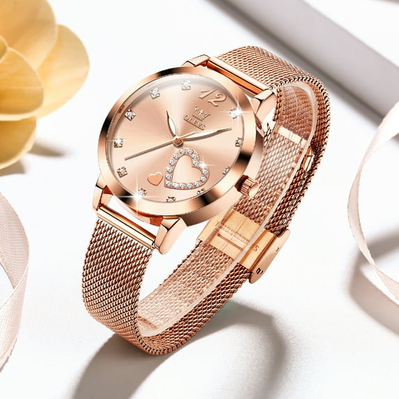 OLEVS Ladies Watches Rose Gold Mesh Strap Fashion Dress Japanese Quartz Waterproof Luminous Female Watches for Women Pink Dial