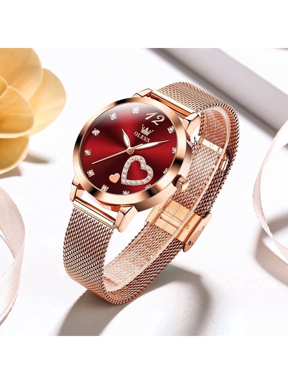 Ladies Watches Rose Gold-Plated Mesh Strap Fashion Dress Japanese Quartz Waterproof Luminous Female Watches for Women Red Dial
