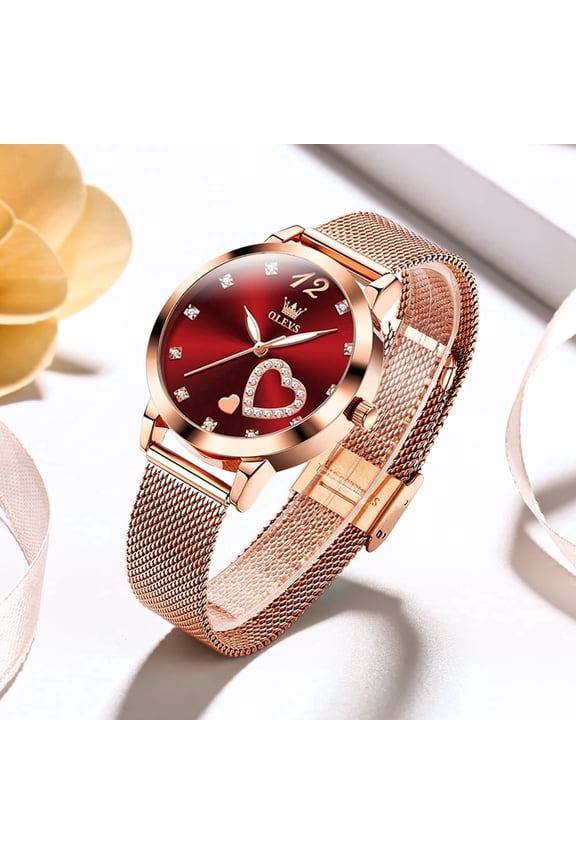 Ladies Watches Rose Gold-Plated Mesh Strap Fashion Dress Japanese Quartz Waterproof Luminous Female Watches for Women Red Dial