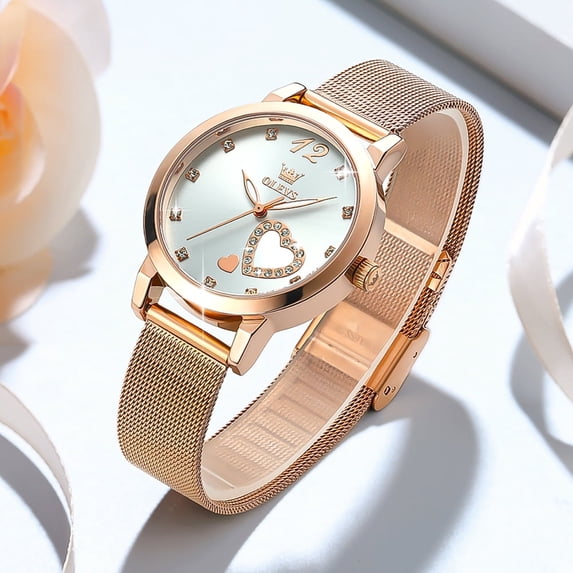 OLEVS Ladies Watches Rose Gold Mesh Strap Fashion Dress Japanese Quartz Waterproof Luminous Female Watches for Women White Dial