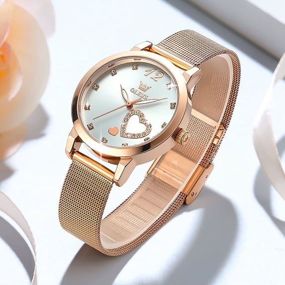 OLEVS Ladies Watches Rose Gold-Plated Mesh Strap Fashion Dress Japanese Quartz Waterproof Luminous Female Watches for Women White Dial