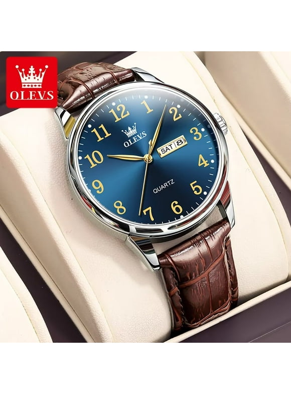 OLEVS Luxury Blue Face Watches For Men Fashion Brown Leather Strap Mens Watches With Calendar Men Classic Analog Quartz Watches With Luminous Sample Water Resistant Watches Men