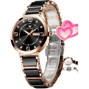 OLEVS Luxury Gold Rose Watches For Women Classic Black Dial Watches Rose Gold Black Stainless Steel Band Watches For Ladies Day Date Ladies Watches Women Waterproof Watches Fancy Watches Casual Watch