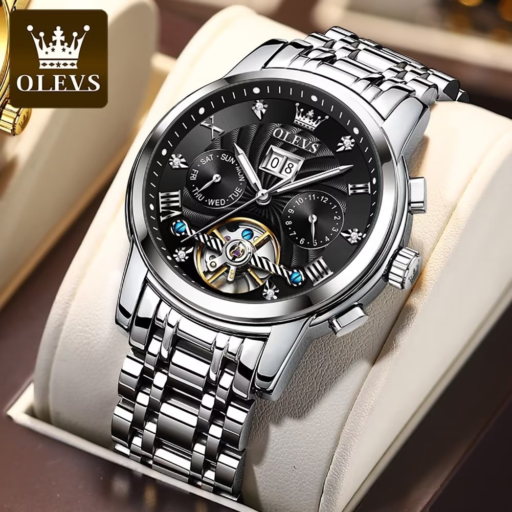 OLEVS Luxury Mens Watches Large Black Dial Watches For Men With Sliver