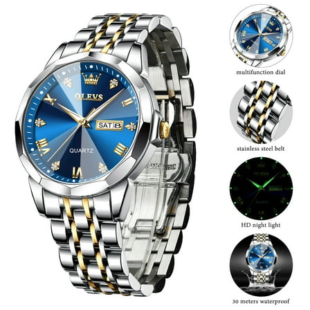 OLEVS Watches for Men Business Dress Analog Quartz Two Tone Gold Plated Stainless Steel Classic Waterproof Luminous Date Casual Mens Wrist Watches Reloj Para Hombre