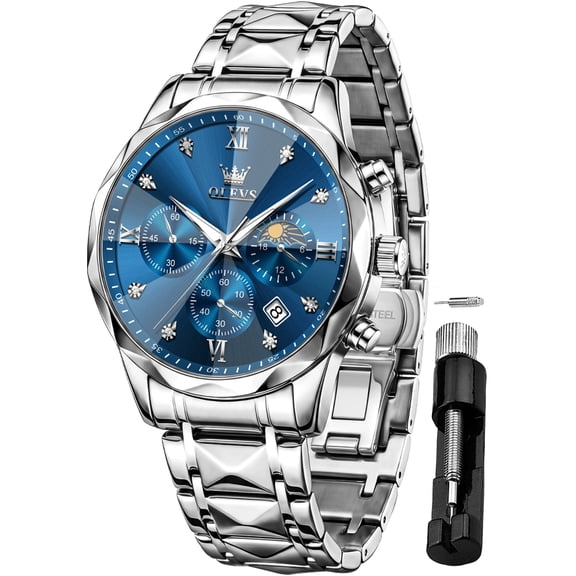 OLEVS Men Watch Multifunctional Two Tone Watch Fashion Business Dress Analog Quartz Moon Phase Chronograph Stainless Steel Roman Numeral Waterproof Men Wrist Watches Reloj Para Hombre