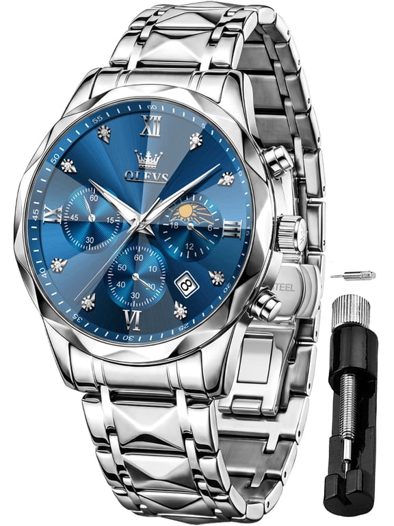 Men Watch Multifunctional Two Tone Watch Fashion Business Dress Analog Quartz Moon Phase Chronograph Stainless Steel Roman Numeral Waterproof Men Wrist Watches Reloj Para Hombre