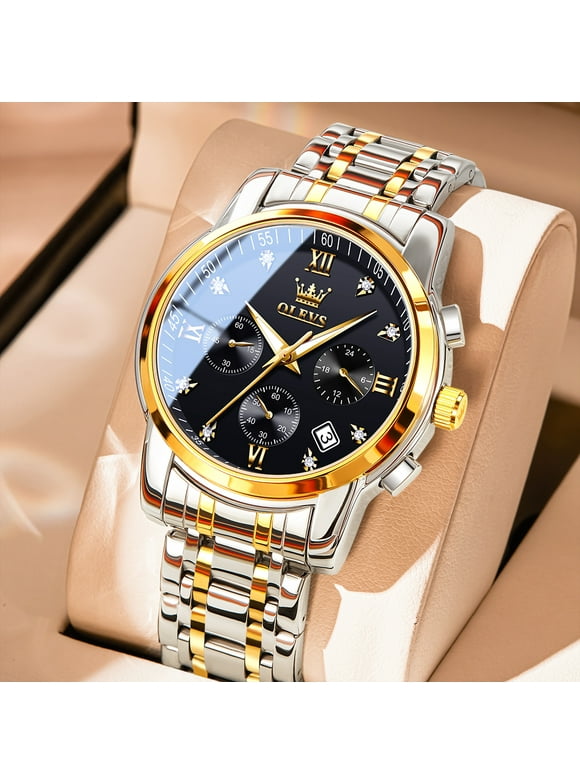 OLEVS Men Wrist Watches, Analog Quartz Business Stainless Steel Waterproof Luminous Watches Luxury Casual Classic Big Diamond Gold Black Dial Date Chronograph Watches for Men