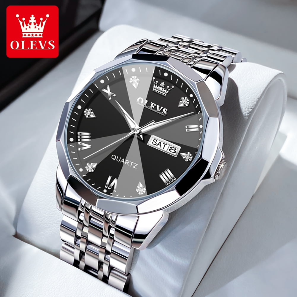 Free Shipping OLEVS Watch for Men Diamond Luxury Casual Easy Reader Two Tone Stainless Steel Date Quartz Watch Waterproof Luminous Gifts for Men Adult Male Wristwatch Walmart