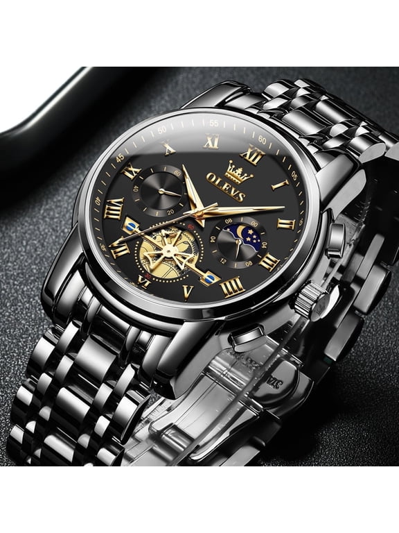 Chronograph Watches for Men Casual Dress Luxury Analog Quartz Two Tone Gold Plated Stainless Steel Moon Phase Waterproof Luminous Business Mens Wrist Watches Reloj Para Hombre