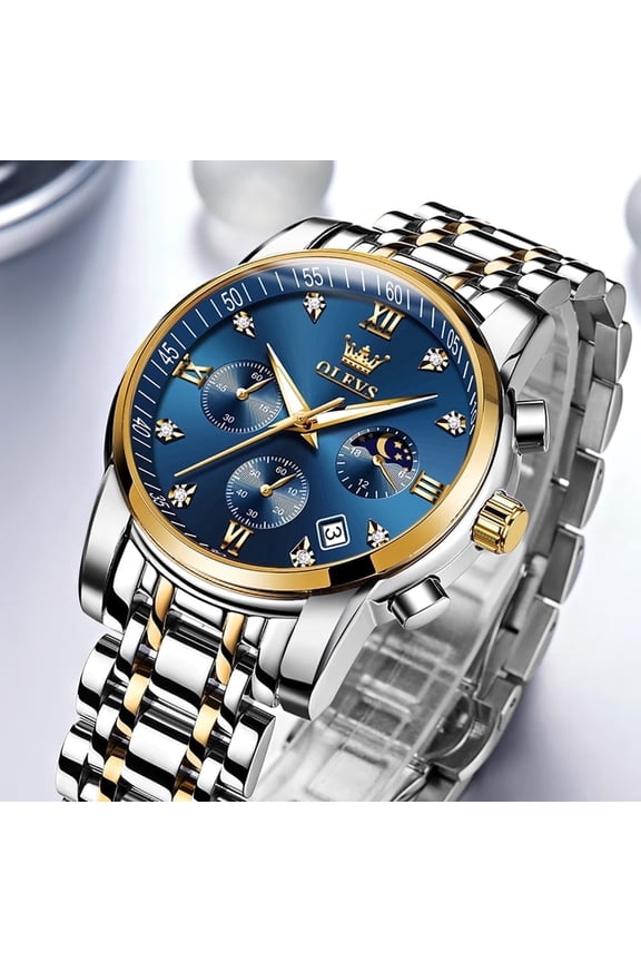 Watches for Men Luxury Dress Casual Analog Quartz Gold Plated Stainless Steel Chronograph Moon Phase Waterproof Luminous Date Business Mens Wrist Watches Reloj Para Hombre