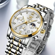 OLEVS Watches for Men Luxury Dress Casual Analog Quartz Gold Plated Stainless Steel Chronograph Moon Phase Waterproof Luminous Date Business Mens Wrist Watches Reloj Para Hombre