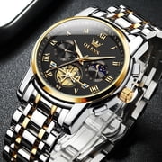 OLEVS Chronograph Watches for Men Casual Dress Luxury Analog Quartz Two Tone Gold Plated Stainless Steel Moon Phase Waterproof Luminous Business Mens Wrist Watches Reloj Para Hombre