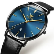 OLEVS Men's Watch, Waterproof Wrist Watches Minimalist Ultra Thin Fashion Casual Day Watch with Retro Leather Band Japan Quartz, Male Adult Wristwatch