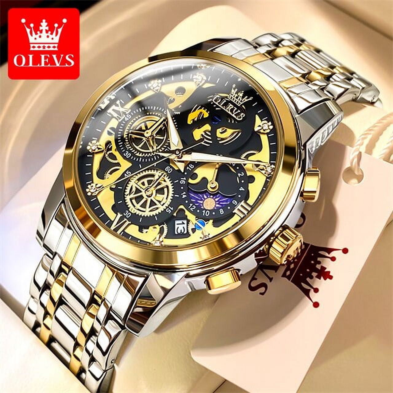 OLEVS Mens Watches Top Brand Luxury Original Waterproof Quartz Watch for Men Gold Skeleton Style Moon Phase Day Night New 9948 in Togo at XOF 91514 Rating 4