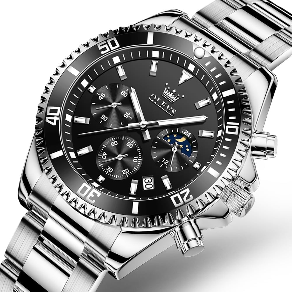 OLEVS Mens Chronograph Watch Black/Silver 42.5mm Outdoor Watch, Stainless Steel Strap 2870