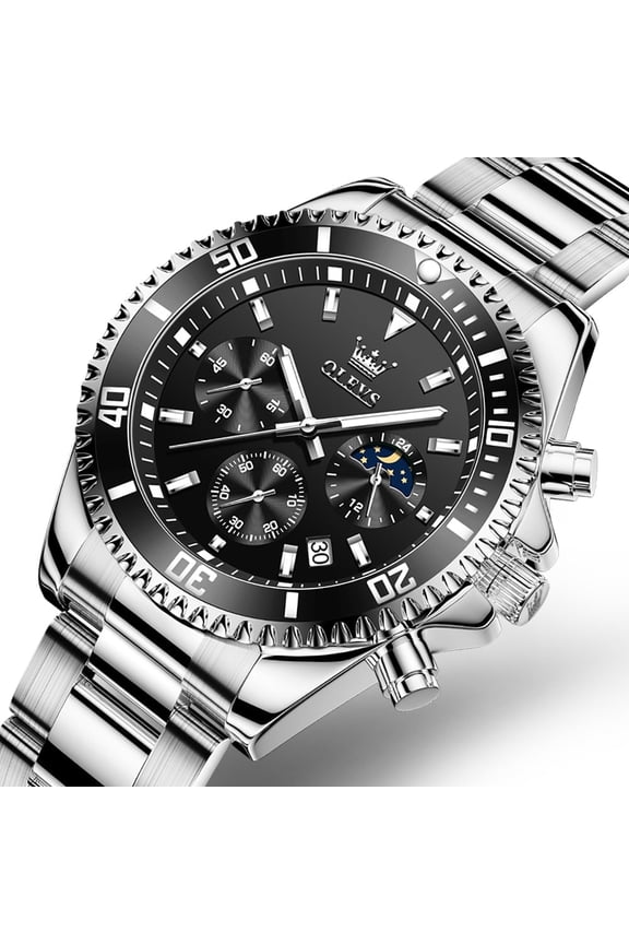 Mens Chronograph Watch Black/Silver 42.5mm Outdoor Watch, Stainless Steel Strap 2870